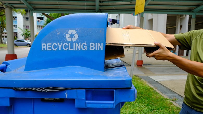 Person in green shirt feeds cardboard box into a recycling bin