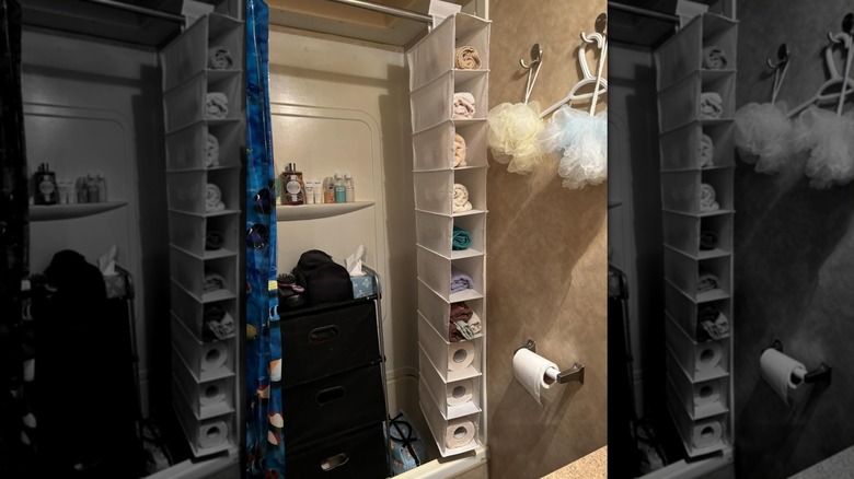 A shoe organizer repurposed to hold paper towels and other items