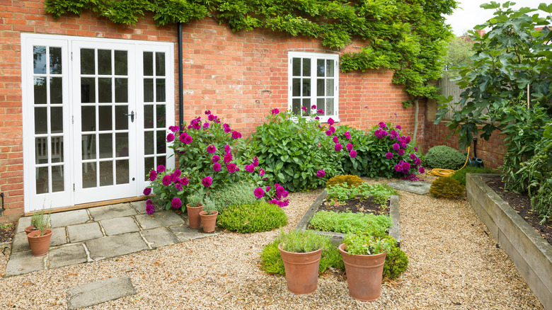 A small gravel-filled garden with edible and flowering plants growing in raised beds and large containers.