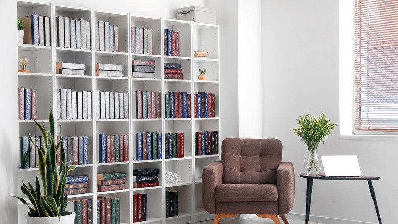 living room with white bookcase