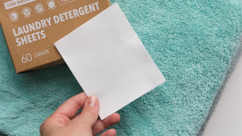 Hand holds laundry detergent sheets