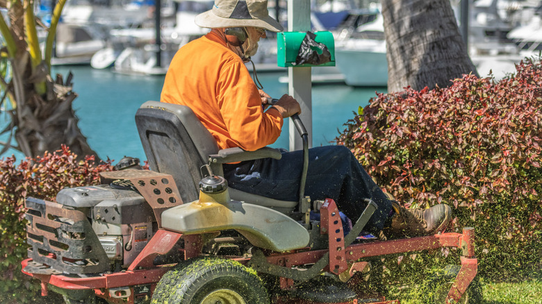 Man steering a zero-turn mower around bushes