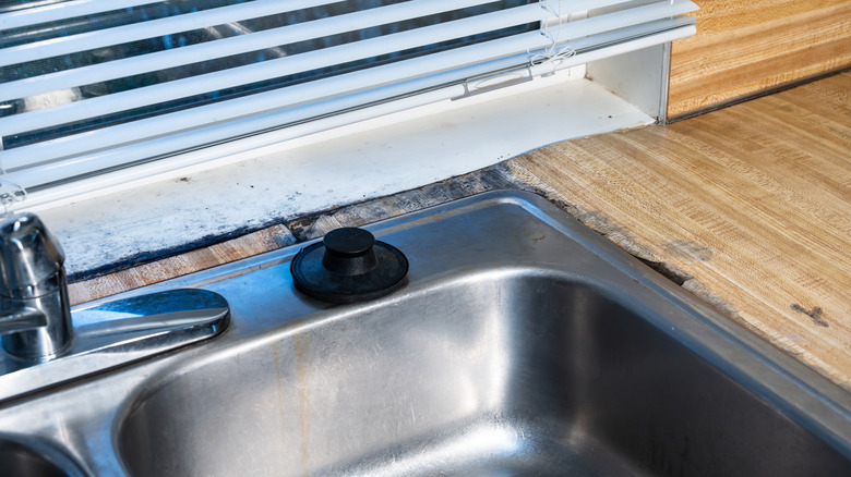 The wood-patterned countertop material around a kitchen sink is warped and covered with black mold.