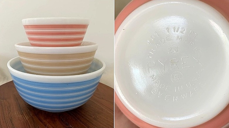 Split image of a a set of vintage Pyrex Rainbow Stripe mixing bowls, and the maker's mark on the pink bowl