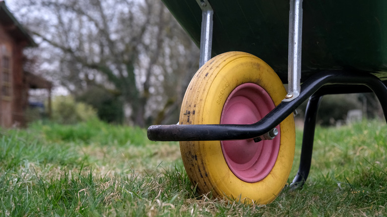 A close-up of a puncture proof wheelbarrow wheel in a yard