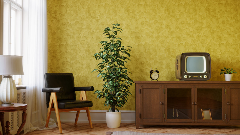 Classic living room with a wallpaper accent wall