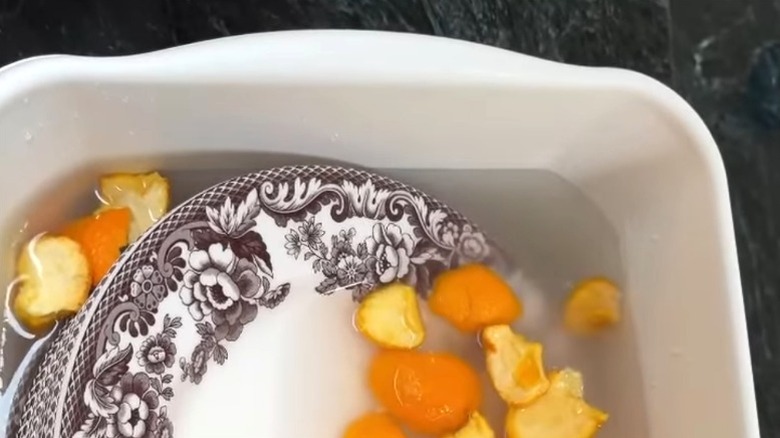 dish tub with soaking plates and citrus peels