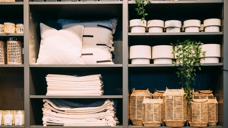 Shelves with pillows, planters