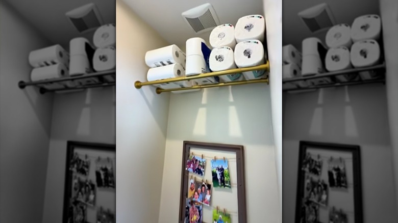 Two tension rods become shelves for toilet paper