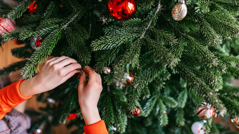 Hands touching branches of decorated Christmas tree