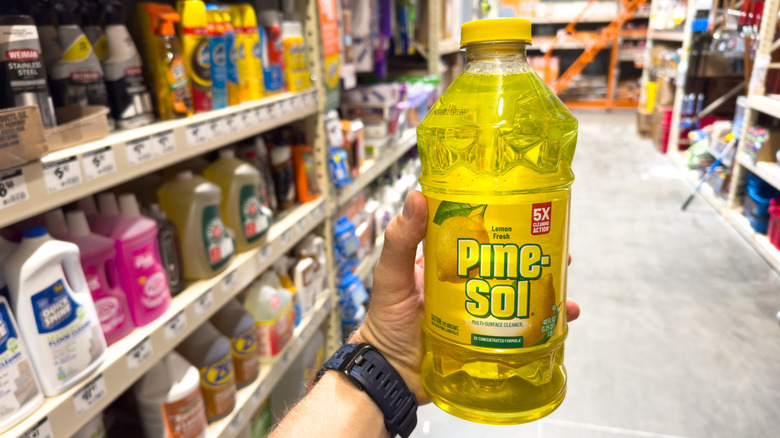 A person stands in a hardware store aisle and holds a bottle of yellow Pine-Sol up to the camera lens.