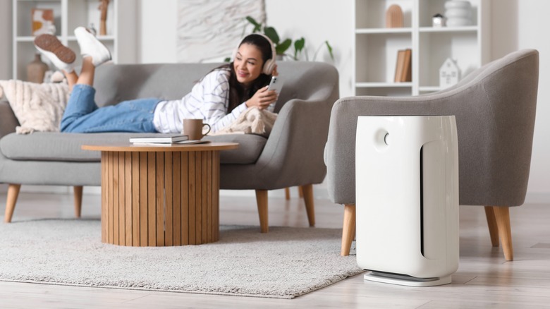 Air purifier beside a chair in living room with a woman lying on a couch