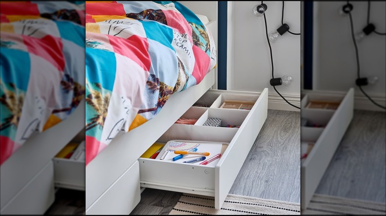 IKEA twin bed with trundle pulled out.