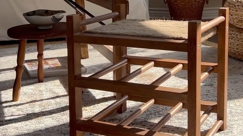 Close up of IKEA HUTTEN wine rack turned into stool