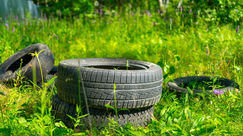 Old tires in grass