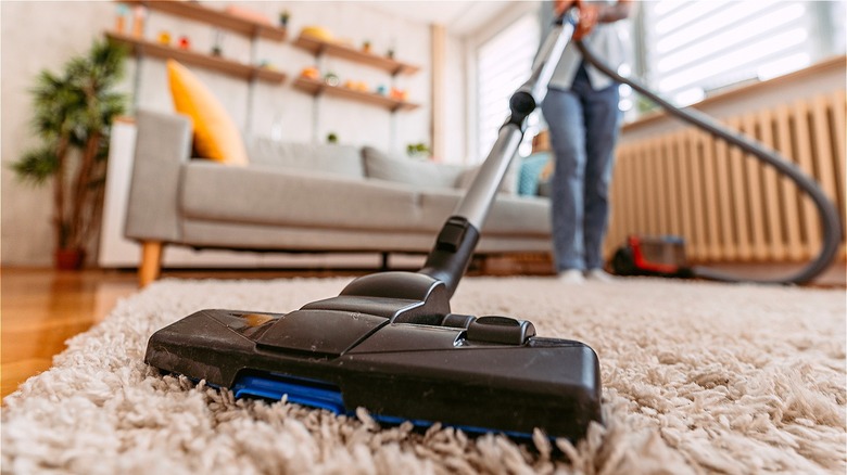 Person vacuuming shag carpet