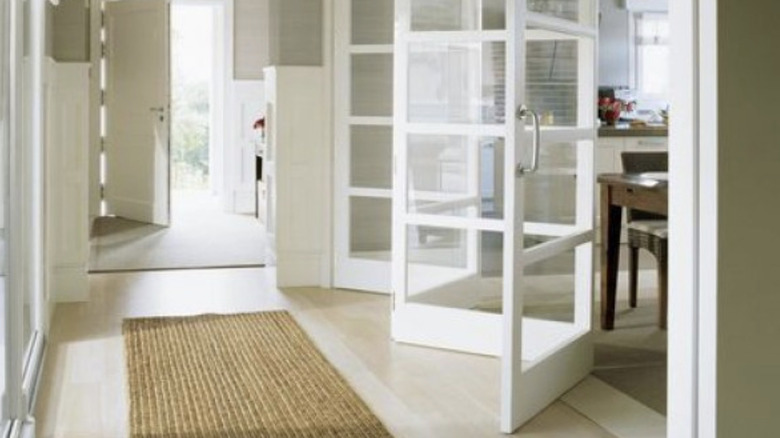 Panelled glass door in hall