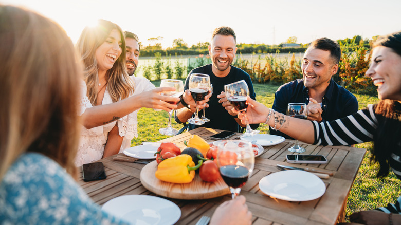 Friends drinking wine and dining al fresco in backyard