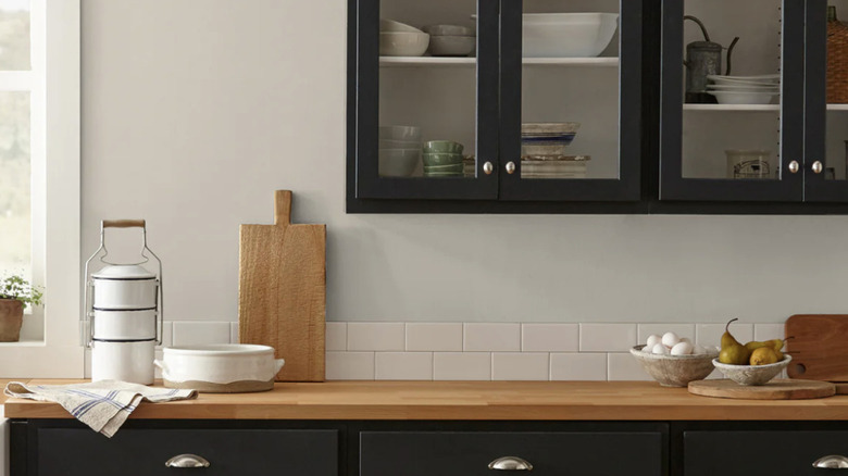 Gatherings paint in kitchen with wood elements and dark cabinets