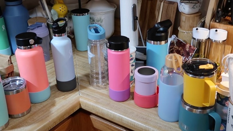 Cluttered reusable water bottles