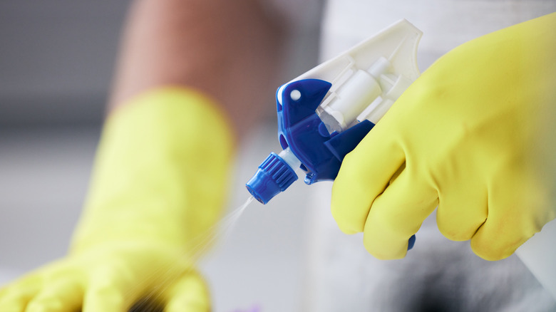Yellow gloved hands with a blue tipped spray bottle spraying liquid.