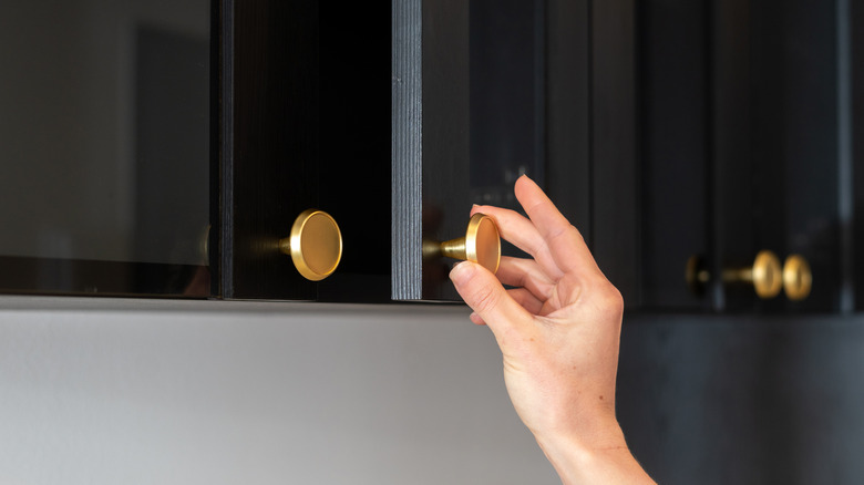 person reaching for black cabinet with gold hardware