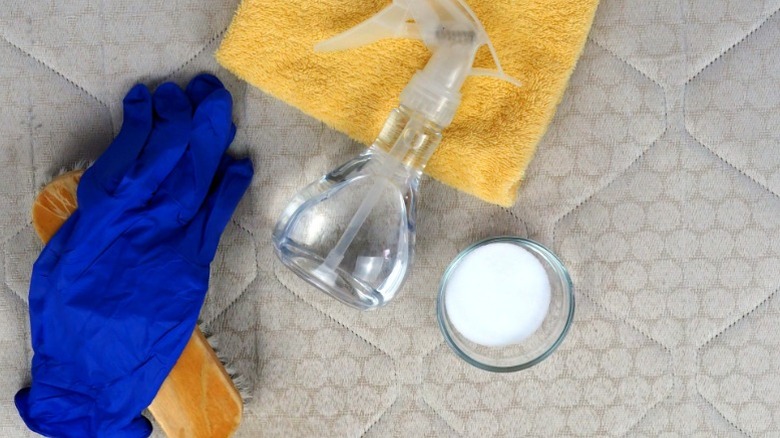 small bowl of baking soda with a vinegar in spray bottle on mattress
