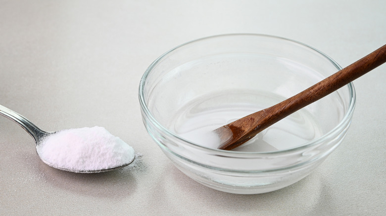 A spoon filled with baking soda next to a clear glass bowl of water