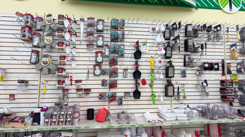 A display of kitchen essentials in a Dollar Tree store