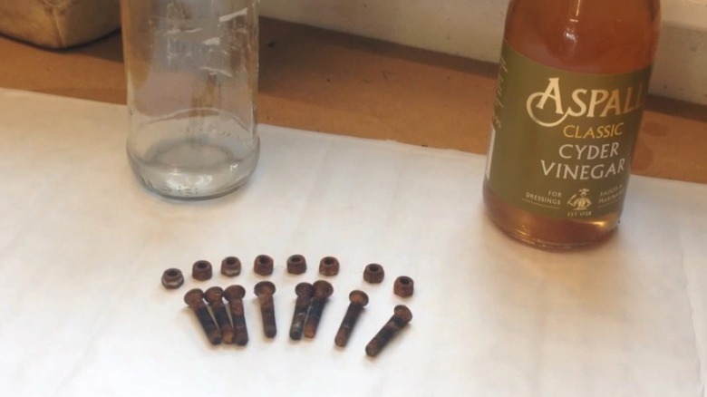 rusty nuts and bolts on table next to apple cider vinegar bottle and empty jar