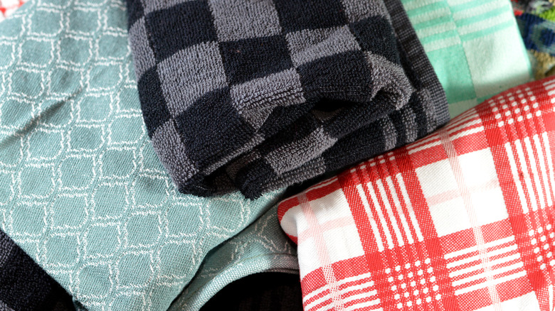 Pile of colorful patterned tea towels