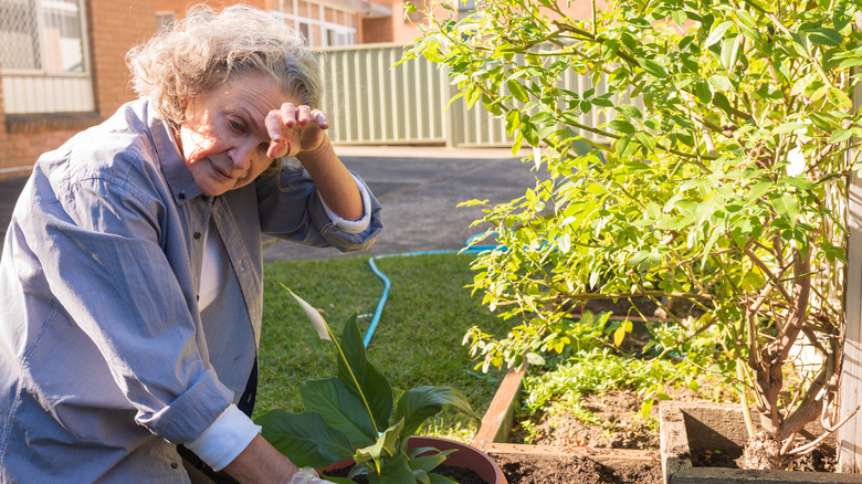 A woman wiping her forehead while kneeling in the garden
