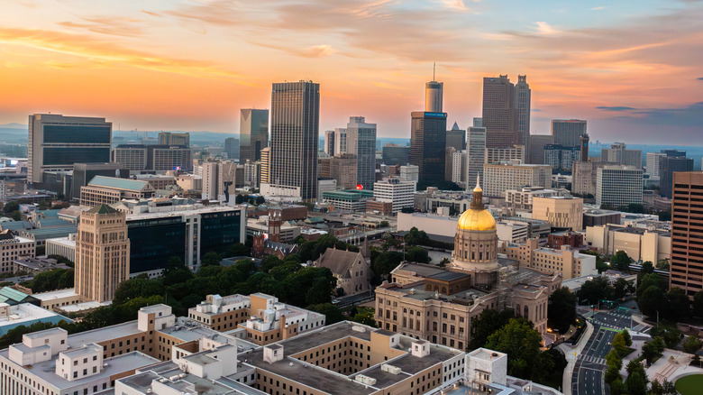The skyline of the city of Atlanta during sunset.