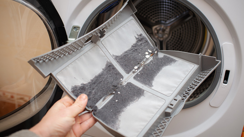 A person holds a dust and dirt filled lint trap in front of an open dryer.