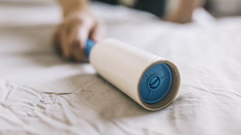 closeup of a lint roller being rolled over a garment