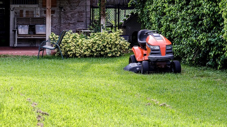 An orange lawn mower used for cutting Bermuda grass is parked in a lawn