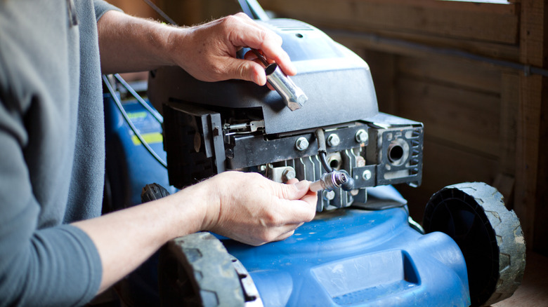 Inspecting a lawnmower's spark plug