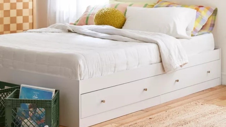 White platform storage bed
