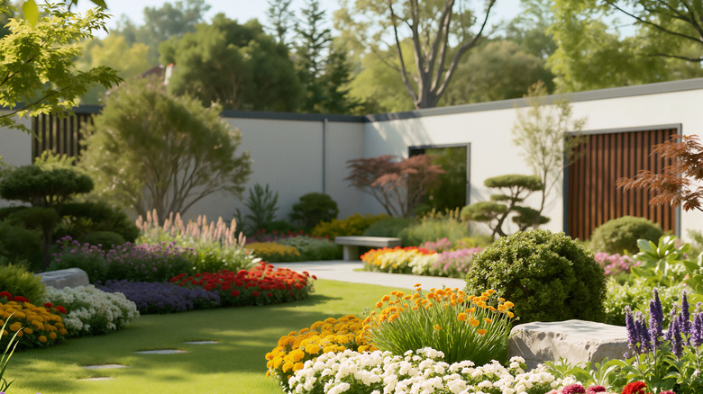 A beautiful, tidy landscape with lots of flowers and ground covers