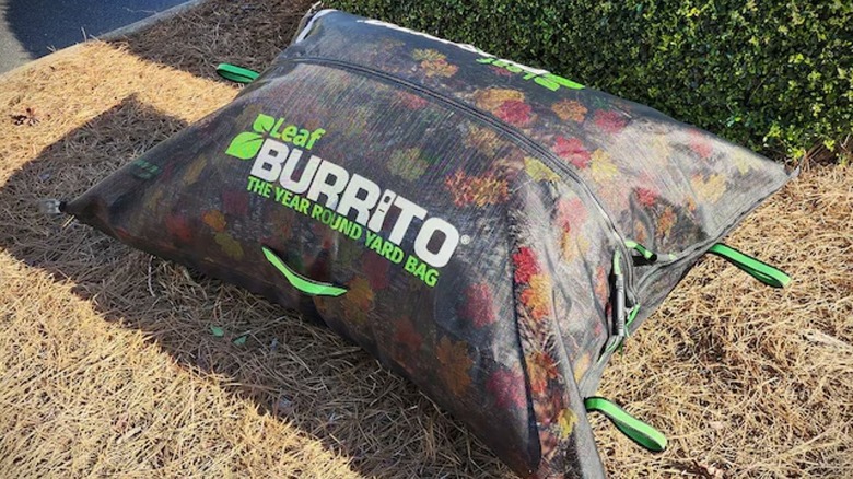 A large mesh bag labled "Leaf Burrito" rests on a yard packed full of fall leaves.