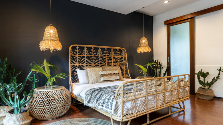 Boho bedroom with pendant lights