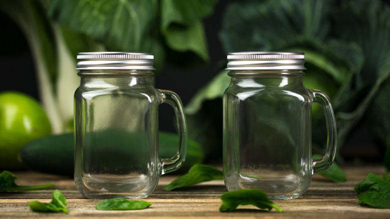 Two empty mason jars amidst greenery