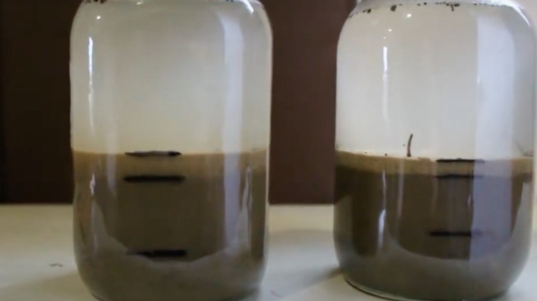 Two settled DIY soil tests with layers marked