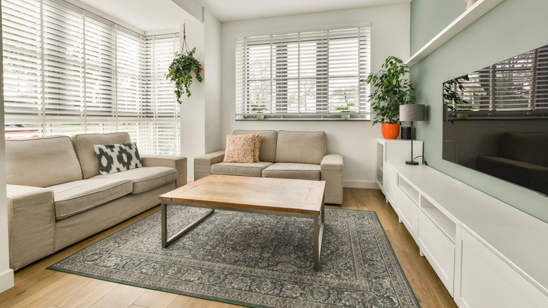 Living room with sofas, a wood floor and area rug