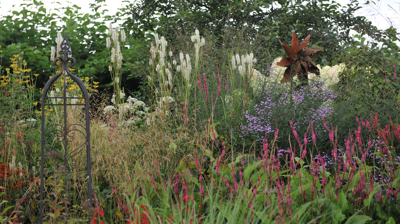 American burnet blooms in a garden next to a metal heart decoration and pinwheel.