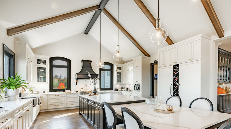 Vaulted ceiling in a modern kitchen.