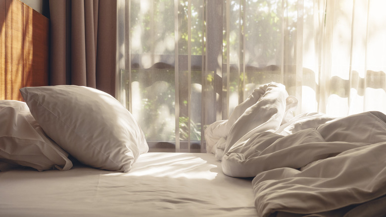 A bed with crumpled white bedsheets and sunlight filtering through a sheer curtain