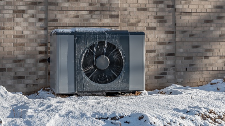 Icicles hanging off an outdoor heat pump