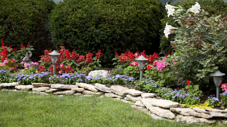 A manicured flower garden with red, pink, and purple blooms