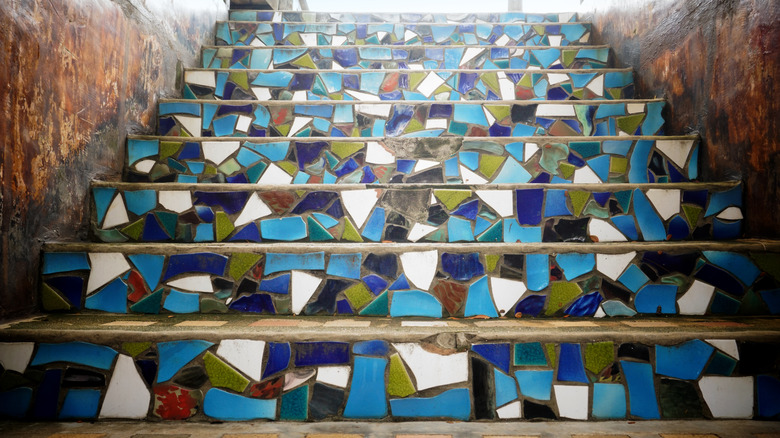 blue and green mosaic tile stairs